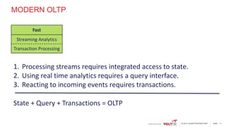 page© 2014 VoltDB PROPRIETARY
MODERN OLTP
11
1. Processing streams requires integrated access to state.
2. Using real time analytics requires a query interface.
3. Reacting to incoming events requires transactions.
State + Query + Transactions = OLTP
Fast
Streaming Analytics
Transaction Processing
 