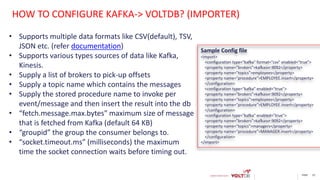page 22
Sample Config file
<import>
<configuration type="kafka" format="csv" enabled="true">
<property name="brokers">kafkasvr:9092</property>
<property name="topics">employees</property>
<property name="procedure">EMPLOYEE.insert</property>
</configuration>
<configuration type="kafka" enabled="true">
<property name="brokers">kafkasvr:9092</property>
<property name="topics">employees</property>
<property name="procedure">EMPLOYEE.insert</property>
</configuration>
<configuration type="kafka" enabled="true">
<property name="brokers">kafkasvr:9092</property>
<property name="topics">managers</property>
<property name="procedure">MANAGER.insert</property>
</configuration>
</import>
• Supports multiple data formats like CSV(default), TSV,
JSON etc. (refer documentation)
• Supports various types sources of data like Kafka,
Kinesis.
• Supply a list of brokers to pick-up offsets
• Supply a topic name which contains the messages
• Supply the stored procedure name to invoke per
event/message and then insert the result into the db
• “fetch.message.​max.bytes” maximum size of message
that is fetched from Kafka (default 64 KB)
• “groupid” the group the consumer belongs to.
• “socket.timeout.ms” (milliseconds) the maximum
time the socket connection waits before timing out.
HOW TO CONFIGURE KAFKA-> VOLTDB? (IMPORTER)
 