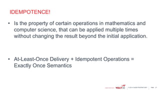 page© 2014 VoltDB PROPRIETARY
IDEMPOTENCE!
• Is the property of certain operations in mathematics and
computer science, that can be applied multiple times
without changing the result beyond the initial application.
• At-Least-Once Delivery + Idempotent Operations =
Exactly Once Semantics
27
 