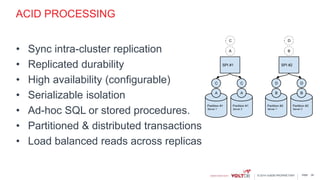 page© 2014 VoltDB PROPRIETARY
ACID PROCESSING
• Sync intra-cluster replication
• Replicated durability
• High availability (configurable)
• Serializable isolation
• Ad-hoc SQL or stored procedures.
• Partitioned & distributed transactions
• Load balanced reads across replicas
38
 