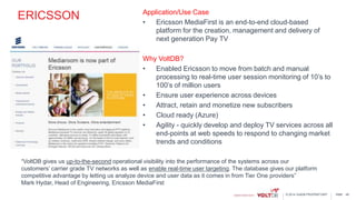 page© 2014 VoltDB PROPRIETARY
ERICSSON Application/Use Case
• Ericsson MediaFirst is an end-to-end cloud-based
platform for the creation, management and delivery of
next generation Pay TV
Why VoltDB?
• Enabled Ericsson to move from batch and manual
processing to real-time user session monitoring of 10’s to
100’s of million users
• Ensure user experience across devices
• Attract, retain and monetize new subscribers
• Cloud ready (Azure)
• Agility - quickly develop and deploy TV services across all
end-points at web speeds to respond to changing market
trends and conditions
48
“VoltDB gives us up-to-the-second operational visibility into the performance of the systems across our
customers’ carrier grade TV networks as well as enable real-time user targeting. The database gives our platform
competitive advantage by letting us analyze device and user data as it comes in from Tier One providers”
Mark Hydar, Head of Engineering, Ericsson MediaFirst
 