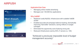page© 2014 VoltDB PROPRIETARY
AIRPUSH
Application/Use Case
• Managing online mobile advertising
• Manages over 120,000 live applications
Why VoltDB?
• Replaced costly MySQL infrastructure with scalable VoltDB
cluster
• Enabled accurate ad-campaign balance tracking, dramatically
improving “last-dollar” decisions, saving millions in budget
overages
• Eliminated the opportunity cost of placing wrong ads
• Reduced infrastructure cost by 93% (7 servers vs. 100)
51
“Achieved a previously impossible level of budget
management accuracy”
 