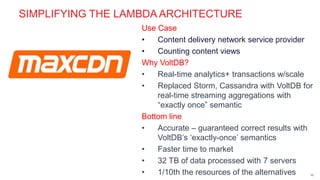 page© 2014 VoltDB PROPRIETARY
SIMPLIFYING THE LAMBDA ARCHITECTURE
Use Case
• Content delivery network service provider
• Counting content views
Why VoltDB?
• Real-time analytics+ transactions w/scale
• Replaced Storm, Cassandra with VoltDB for
real-time streaming aggregations with
“exactly once” semantic
Bottom line
• Accurate – guaranteed correct results with
VoltDB’s ‘exactly-once’ semantics
• Faster time to market
• 32 TB of data processed with 7 servers
• 1/10th the resources of the alternatives 52
 