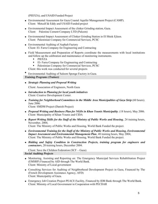 8
(PIEFZA), and USAID Funded Project
 Environmental Assessment for Gaza Coastal Aquifer Management Project (CAMP).
Client: Metcalf & Eddy and USAID Funded project
 Environmental Impact Assessment of the clinker Grinding station, Gaza.
Client: Palestine Cement Company LTD (Palcem)
 Environmental Impact Assessment of Clinker Grinding Station in El Shiek Ejleen.
Client: Palestinian Company for Commercial Services, PCSC
 Environmental Auditing of Asphalt Factory
Client: El- Farra Company for Engineering and Contracting
 Field Measurement and Preparation of Reports coordinate the measurements with local institutions
and follow up the calibration and maintenance of monitoring instruments.
 PIEFZA
 El- Farra Company for Engineering and Contracting
 Palestinian Company for Commercial Services, PCSC
Client: this work was conducted for several projects
 Environmental Auditing of Saleem Sponge Factory in Gaza.
Training Programs (Trainer)
 Strategic Planning and Proposal Writing
Client: Association of Engineers, North Gaza
 Introduction to Planning for local youth initiatives
Client: Creative Development Center.
 Training for Neighborhood Committees in the Middle Area Municipalities of Gaza Strip (60 hours).
June 2006.
Client: SMDM Project (Danish Project)
 Proposal Writing and Business Plan for NGOs in Khan Younis Municipality. (18 hours), May 2006.
Client: Municipality of Khan Younis and CIDA
 Report Writing Skills for the Staff of the Ministry of Public Works and Housing, 24 training hours,
November, 2004,
Client: The Ministry of Public Works and Housing, World Bank Funded the project.
 Environmental Training for the Staff of the Ministry of Public Works and Housing, Environmental
Impact Assessment and Environmental Management Plan, 48 training hours, May 2004,
Client: The Ministry of Public Works and Housing, World Bank Funded the project.
 Bidding and Safety Condition in Construction Projects, training program for engineers and
contractors, 20 training hours, December 2004.
Client: Save the Children Federation (SCF – Gaza).
Social Auditing Projects
 Monitoring, Assisting and Reporting on: The Emergency Municipal Services Rehabilitation Project
(EMSRP) Financed by AID through The World Bank.
Client: Ministry of Local government
 Consulting Services for Auditing of Neighborhood Development Project in Gaza, Financed by The
(French Development Assistance Agency, AFD)
Client: Municipality of Gaza.
 Emergency Job Creation Project PEACE Facility, Financed by IDB Bank through The World Bank.
Client: Ministry of Local Government in Cooperation with PECDAR
 