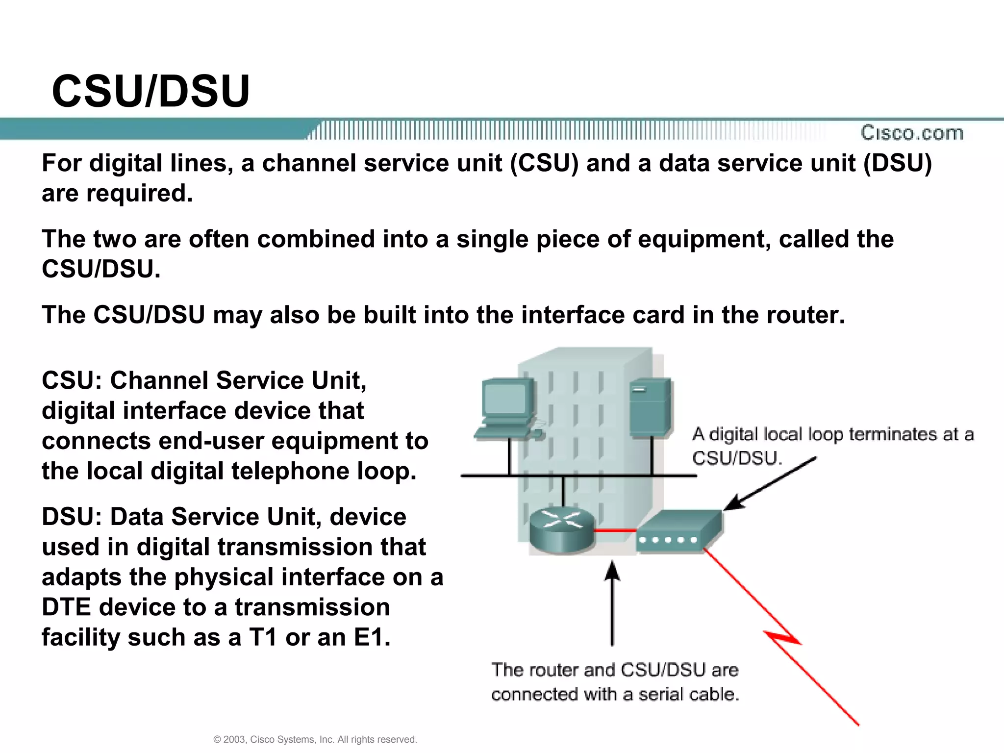 888© 2003, Cisco Systems, Inc. All rights reserved.
CSU/DSU
For digital lines, a channel service unit (CSU) and a data service unit (DSU)
are required.
The two are often combined into a single piece of equipment, called the
CSU/DSU.
The CSU/DSU may also be built into the interface card in the router.
CSU: Channel Service Unit,
digital interface device that
connects end-user equipment to
the local digital telephone loop.
DSU: Data Service Unit, device
used in digital transmission that
adapts the physical interface on a
DTE device to a transmission
facility such as a T1 or an E1.
 