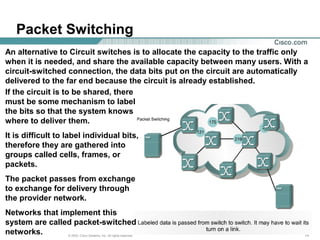 141414© 2003, Cisco Systems, Inc. All rights reserved.
Packet Switching
An alternative to Circuit switches is to allocate the capacity to the traffic only
when it is needed, and share the available capacity between many users. With a
circuit-switched connection, the data bits put on the circuit are automatically
delivered to the far end because the circuit is already established.
If the circuit is to be shared, there
must be some mechanism to label
the bits so that the system knows
where to deliver them.
It is difficult to label individual bits,
therefore they are gathered into
groups called cells, frames, or
packets.
The packet passes from exchange
to exchange for delivery through
the provider network.
Networks that implement this
system are called packet-switched
networks.
 