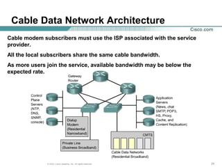 242424© 2003, Cisco Systems, Inc. All rights reserved.
Cable Data Network Architecture
Cable modem subscribers must use the ISP associated with the service
provider.
All the local subscribers share the same cable bandwidth.
As more users join the service, available bandwidth may be below the
expected rate.
 