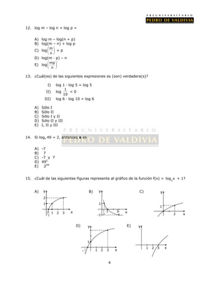 4 
12. log m – log n + log p = 
A) log m – log(n + p) 
B) log(m – n) + log p 
C) log   
m 
n 
  
  
+ p 
D) log(m · p) – n 
E) log   
mp 
n 
  
  
13. ¿Cuál(es) de las siguientes expresiones es (son) verdadera(s)? 
I) log 1 · log 5 = log 5 
II) log 
1 
10 
< 0 
III) log 6 · log 10 = log 6 
A) Sólo I 
B) Sólo II 
C) Sólo I y II 
D) Sólo II y III 
E) I, II y III 
14. Si logx 49 = 2, entonces x es 
A) -7 
B) 7 
C) -7 y 7 
D) 492 
E) 249 
15. ¿Cuál de las siguientes figuras representa al gráfico de la función f(x) = 
log x + 1? 
3 
A) B) C) 
D) E) 
x 
y 
1 2 3 
x 
y 
2 
1 
- 1 
3 
x 
y 
2 
1 
1 3 
x 
y 
1 1 
3 
3 
1 
-1 
x 
y 
1 1 2 
3 
3 
2 
1 
 