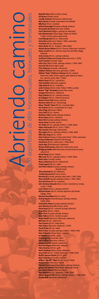 Abriendocamino100deportistasdeélitehomosexuales,bisexualesytransexuales
Michelle Aboro (Reino Unido: boxeo)
Lilí Álvarez (España: tenis)
Camilla Andersen (Dinamarca: Balonmano)
Betty Baxter (Canadá: entrenadora de vóleibol)
Billy Bean (EE.UU.: beisbol)
Sylvain Beauregard (Canadá: patinaje artístico)
Anouschka Bernhard (Alemania: fútbol)
Geert Blanchard (Bélgica: patinaje de velocidad)
John Blankenstein (Países Bajos: árbitro de fútbol;
† 2006, extraña enfermedad renal)
Carol Blazejowski (EE.UU.: baloncesto)
Heinz Bonn (Alemania: fútbol; † 1991, asesinado)
Tina Buck (EE.UU.: baloncesto)
Glenn Burke (EE.UU.: beisbol; † 1995, SIDA)
Mariah Burton Nelson (EE.UU./Francia: baloncesto, natación)
Helen Carroll (EE.UU.: directora deportiva del Mills College,
Oakland)
Linda Carney (EE.UU.: patinaje artístico)
Gottfried Freiherr von Cramm (Alemania: tenis; † 1970)
Scott Cranham (Canadá: salto)
John Curry (Reino Unido: patinaje artístico; † 1994, SIDA)
Irene De Kok (Países Bajos: judo)
Chris Dickerson (Canadá: culturismo)
Adalbert Dickhut (Alemania: gimnasia; † 1995)
Mildred “Babe” Didrikson Zaharias (EE.UU.: beisbol,
baloncesto, billar, boxeo, esgrima, golf, atletismo, hípica,
tiro, natación, tenis, salto; † 1956)
Robert Dover (EE.UU.: equitación)
Imke Duplitzer (Alemania: esgrima)
Sally Edwards (EE.UU.: triathlon)
Justin Fashanu (Reino Unido: fútbol; †1998, suicidio)
Beatriz “Gigi” Fernández (Puerto Rico: tenis)
George Frenn (EE.UU.: atletismo)
Rudy Galindo (EE.UU.: patinaje artístico)
Ed Gallagher (EE.UU.: Fútbol americano)
Barbara Ganz-Erdin (Suiza: ciclismo)
Ramona Gatto (EE.UU.: kick-boxing)
Missy “Missile” Giove (EE.UU.: mountain bike)
Jim Graham (EE.UU.: competición de 3 días)
Inka Grings (Alemania: fútbol)
Gina Guidi (EE.UU.: boxeo)
Matthew Hall (Canadá: patinaje artístico)
Bruce Hayes (EE.UU.: natación)
Mark Hird (Canadá: patinaje artístico)
Savoy Howe (Canadá: boxeo)
Jim Hulick (EE.UU.: patinaje artístico; † 1996, SIDA)
Helen Hull Jacobs (EE.UU.: tenis; † 1997)
Mia Hundvin (Noruega: balonmano)
Rick Inglesi (EE.UU.: patinaje artístico; † 1994, SIDA)
Billie Jean King (EE.UU.: tenis)
Peter Karlsson (Suecia: hockey sobre hielo; † 1995, asesinado)
Parinya Kiatbeuba (Tailandia: kick-boxing)
Chad Kinch (EE.UU.: baloncesto; † 1994, SIDA)
Katrin Kley (RDA/Alemania: atletismo)
Renate Klinkhammer (Alemania: balonmano, tenis)
Wolfgang Kolditz (RDA/Alemania: levantamiento de peso,
culturismo)
David Kopay (EE.UU.: fútbol)
Billy Lawe (EE.UU.: patinaje artístico; † 1995, SIDA)
Mark Leduc (Canadá: boxeo)
Nancy Lieberman (EE.UU.: baloncesto)
Greg Louganis (EE.UU.: salto)
Jean Pierre Martin (Canadá: patinaje artístico)
(España:tenis)
BrianMarshall(EE.UU.:atletismo)
Amélie Mauresmo (Francia: tenis)
Rob McCall (Canadá: patinaje sobre hielo; † 1991, SIDA)
Shaun McGill (Canadá: patinaje artístico; † 1992, SIDA)
Seun McGrievy (EE.UU.: natación)
John Menlove Edwards (Reino Unido: montañismo, hockey,
cricket; † 1958)
Laura Moore (EE.UU.: patinaje artístico)
Michael Muska (EE.UU.: director deportivo del Oberlin
College, Ohio)
Martina Navratilova (EE.UU.: tenis)
Ondrej Nepela (Checoslovaquia: patinaje artístico;
†1989, SIDA)
Christopher Nolan (Canadá: patinaje artístico)
Jana Novotna (República Checa: tenis)
Diana Nyad (EE.UU.: natación de larga distancia)
Greg Olson (EE.UU.: rodeo)
Brian Orser (Canadá: patinaje artístico)
Dave Pallone (EE.UU.: beisbol umpire)
Birgit Palzkill (Alemania: baloncesto, atletismo)
Bob Paris (EE.UU.: culturismo)
Pam Parsons (EE.UU.: baloncesto)
Otto Peltzer (Alemania: atletismo; † 1970)
David Pichler (EE.UU.: salto)
Brian Pockar (Canadá: patinaje artístico; † 1992, SIDA)
Peter Prijdekker (Países Bajos: natación)
Ian Roberts (Australia: rugby)
Craig Rogerson (Australia: salto)
Petra Roßner (Alemania: ciclismo)
Quique Sarasola (España: equitación)
René Schaffgans (Alemania: natación)
Patty Sheehan (EE.UU.: golf)
Kevin Sheldrake (Reino Unido: atletismo)
Jerry Smith (EE.UU.: Fútbol americano; † 1986, SIDA)
Muffin Spencer-Devlin (EE.UU.: golf)
Mark Tewksbury (Canadá: natación)
William “Big Bill” Tilden (EE.UU.: tenis; † 1953)
Marcus Urban (Alemania: fútbol)
Edward Van Campen (Países Bajos: patinaje artístico)
Ignace Van Swieten (Países Bajos: árbitro de fútbol)
Lisa-Marie Vizaniari (Australia: disco)
Tom Waddell (EE.UU.: atletismo; † 1987, SIDA)
Robert Wagenhoffer (EE.UU.: patinaje artístico; † 1999, SIDA)
Renate Wolf (Alemania: balonmano)
 