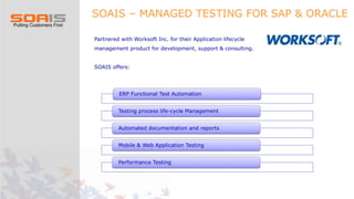SOAIS – MANAGED TESTING FOR SAP & ORACLE
Partnered with Worksoft Inc. for their Application lifecycle
management product for development, support & consulting.
SOAIS offers:
ERP Functional Test Automation
Testing process life-cycle Management
Automated documentation and reports
Mobile & Web Application Testing
Performance Testing
 