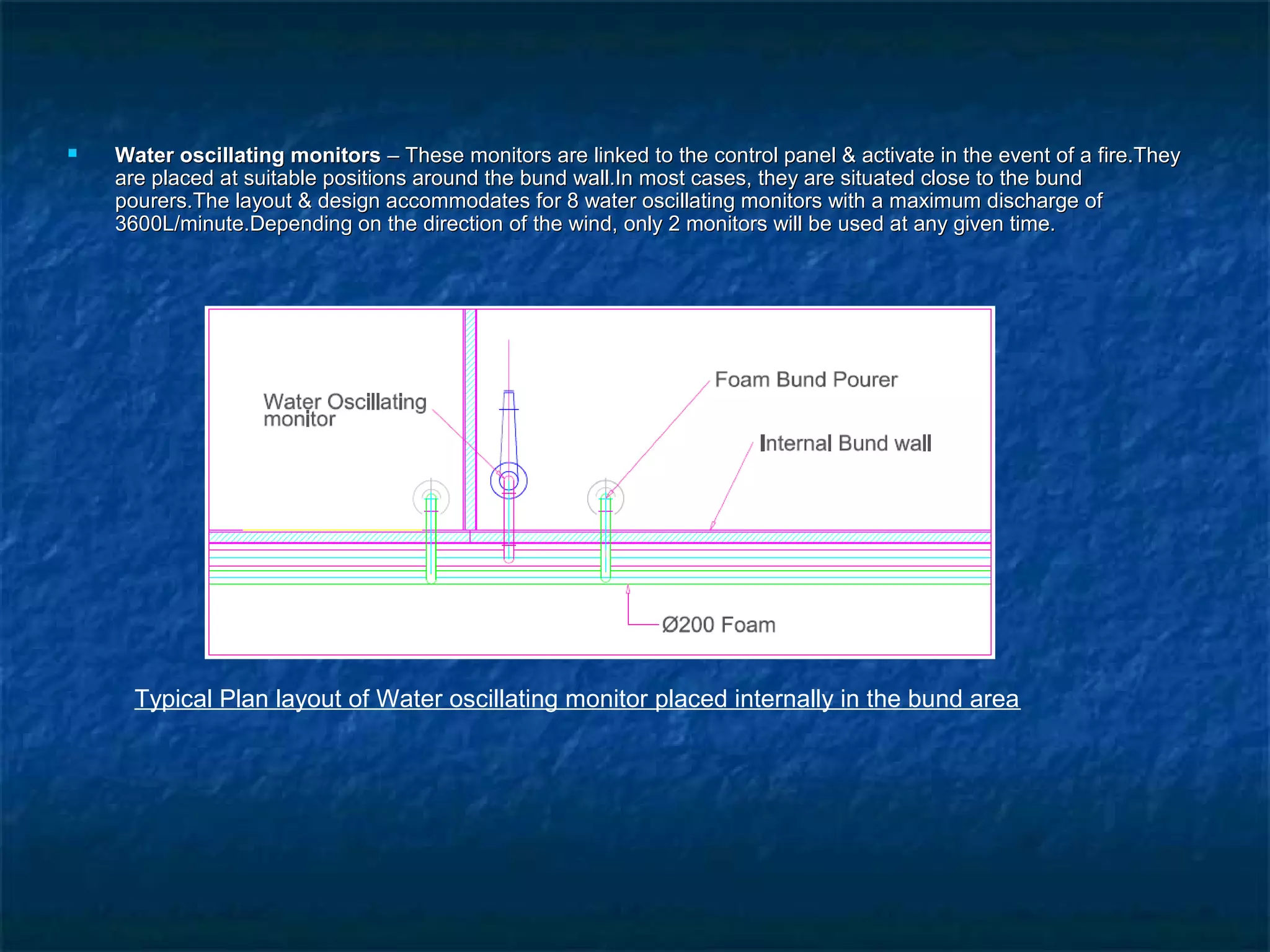  Water oscillating monitorsWater oscillating monitors – These monitors are linked to the control panel & activate in the event of a fire.They– These monitors are linked to the control panel & activate in the event of a fire.They
are placed at suitable positions around the bund wall.In most cases, they are situated close to the bundare placed at suitable positions around the bund wall.In most cases, they are situated close to the bund
pourers.The layout & design accommodates for 8 water oscillating monitors with a maximum discharge ofpourers.The layout & design accommodates for 8 water oscillating monitors with a maximum discharge of
3600L/minute.Depending on the direction of the wind, only 2 monitors will be used at any given time.3600L/minute.Depending on the direction of the wind, only 2 monitors will be used at any given time.
Typical Plan layout of Water oscillating monitor placed internally in the bund area
 