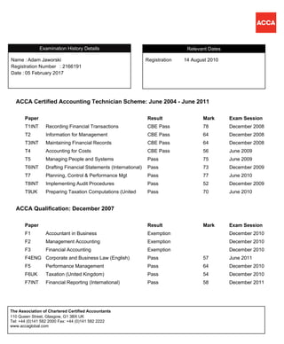ACCA Certified Accounting Technician Scheme: June 2004 - June 2011
Paper Result Mark Exam Session
T1INT Recording Financial Transactions CBE Pass 78 December 2008
T2 Information for Management CBE Pass 64 December 2008
T3INT Maintaining Financial Records CBE Pass 64 December 2008
T4 Accounting for Costs CBE Pass 56 June 2009
T5 Managing People and Systems Pass 75 June 2009
T6INT Drafting Financial Statements (International) Pass 73 December 2009
T7 Planning, Control & Performance Mgt Pass 77 June 2010
T8INT Implementing Audit Procedures Pass 52 December 2009
T9UK Preparing Taxation Computations (United Pass 70 June 2010
ACCA Qualification: December 2007
Paper Result Mark Exam Session
F1 Accountant in Business Exemption December 2010
F2 Management Accounting Exemption December 2010
F3 Financial Accounting Exemption December 2010
F4ENG Corporate and Business Law (English) Pass 57 June 2011
F5 Performance Management Pass 64 December 2010
F6UK Taxation (United Kingdom) Pass 54 December 2010
F7INT Financial Reporting (International) Pass 58 December 2011
RegistrationName :
Adam Jaworski 14 August 2010
Registration Number
Relevant Dates
: 2166191
05 February 2017Date :
Registration
Examination History Details
Name :
110 Queen Street, Glasgow, G1 3BX UK
Tel: +44 (0)141 582 2000 Fax: +44 (0)141 582 2222
www.accaglobal.com
The Association of Chartered Certified Accountants
 