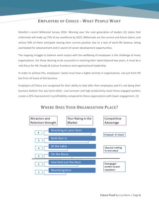Future Proof by Lisa Renn | Page 6
EMPLOYERS OF CHOICE - WHAT PEOPLE WANT
Deloitte’s recent Millennial Survey 2016: Winning over the next generation of leaders (2) states that
millennials will make up 75% of our workforce by 2025. Millennials are the current and future talent, and
almost 50% of them anticipate leaving their current position due to a lack of work-life balance, being
overlooked for advancement and in search of career development opportunities.
The ongoing struggle to balance work output with the wellbeing of employees is the challenge of many
organisations. For those desiring to be successful in retaining their talent beyond two years, it must be a
vital focus for HR, People & Culture functions and organisational leadership.
In order to achieve this, employees’ needs must have a higher priority in organisations, not just from HR
but from all levels of the business.
Employers of Choice are recognised for their ability to look after their employees and it’s not doing their
business bottom line any harm either. Low turnover and high productivity mean these engaged workers
create a 22% improvement in profitability compared to those organisations with lower engagement. (3)
WHERE DOES YOUR ORGANISATION PLACE?
 