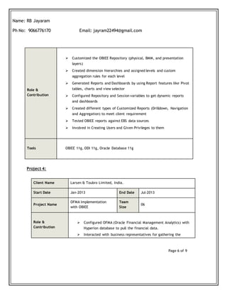Page 6 of 9
Name: RB Jayaram
Ph No: 9066776170 Email: jayram22494@gmail.com
Email: Jayram22494@gmail.com
Role &
Contribution
 Customized the OBIEE Repository (physical, BMM, and presentation
layers)
 Created dimension hierarchies and assigned levels and custom
aggregation rules for each level
 Generated Reports and Dashboards by using Report features like Pivot
tables, charts and view selector
 Configured Repository and Session variables to get dynamic reports
and dashboards
 Created different types of Customized Reports (Drilldown, Navigation
and Aggregation) to meet client requirement
 Tested OBIEE reports against EBS data sources
 Involved in Creating Users and Given Privileges to them
Tools OBIEE 11g, ODI 11g, Oracle Database 11g
Project 4:
Client Name Larsen & Toubro Limited, India.
Start Date Jan-2013 End Date Jul-2013
Project Name
OFMA Implementation
with OBIEE
Team
Size
06
Role &
Contribution
 Configured OFMA (Oracle Financial Management Analytics) with
Hyperion database to pull the financial data.
 Interacted with business representatives for gathering the
 