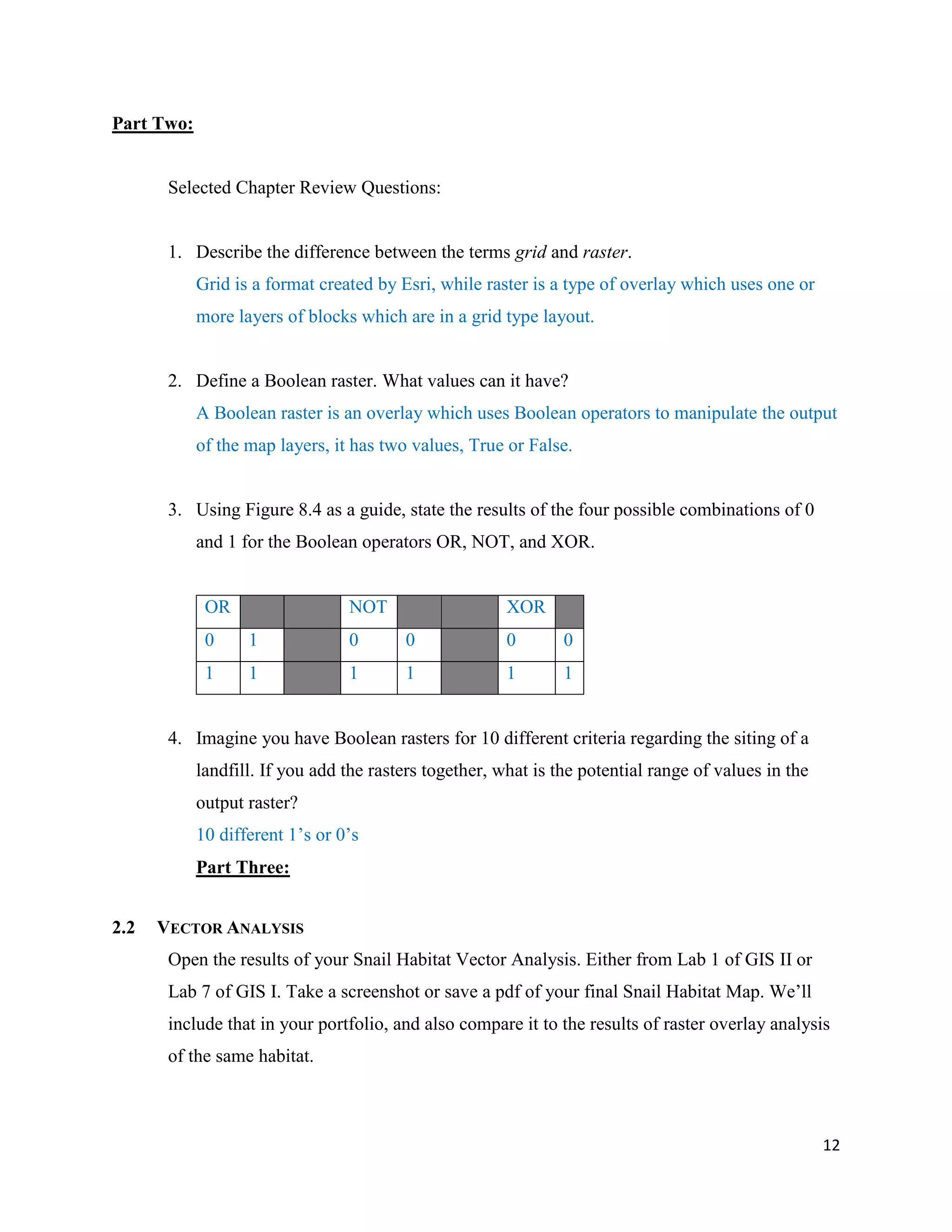 12
Part Two:
Selected Chapter Review Questions:
1. Describe the difference between the terms grid and raster.
Grid is a format created by Esri, while raster is a type of overlay which uses one or
more layers of blocks which are in a grid type layout.
2. Define a Boolean raster. What values can it have?
A Boolean raster is an overlay which uses Boolean operators to manipulate the output
of the map layers, it has two values, True or False.
3. Using Figure 8.4 as a guide, state the results of the four possible combinations of 0
and 1 for the Boolean operators OR, NOT, and XOR.
OR NOT XOR
0 1 0 0 0 0
1 1 1 1 1 1
4. Imagine you have Boolean rasters for 10 different criteria regarding the siting of a
landfill. If you add the rasters together, what is the potential range of values in the
output raster?
10 different 1’s or 0’s
Part Three:
2.2 VECTOR ANALYSIS
Open the results of your Snail Habitat Vector Analysis. Either from Lab 1 of GIS II or
Lab 7 of GIS I. Take a screenshot or save a pdf of your final Snail Habitat Map. We’ll
include that in your portfolio, and also compare it to the results of raster overlay analysis
of the same habitat.
 