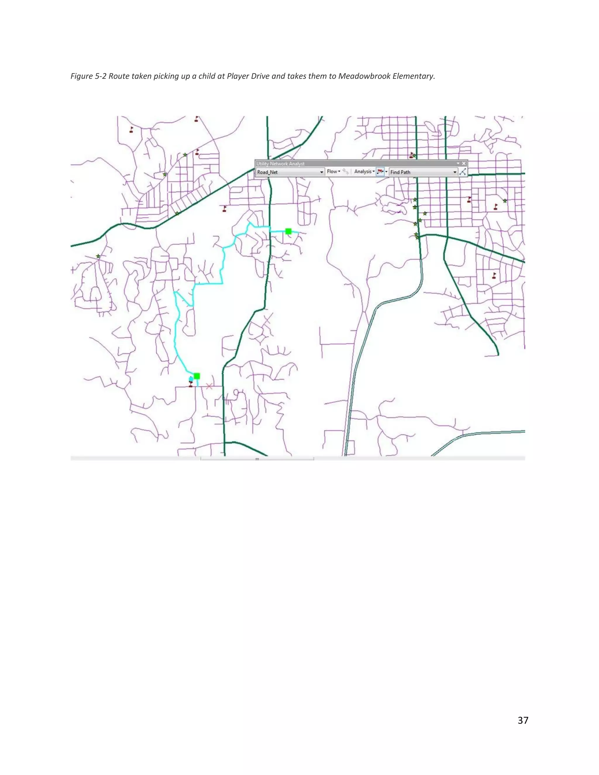 37
Figure 5-2 Route taken picking up a child at Player Drive and takes them to Meadowbrook Elementary.
 