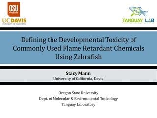 Defining the Developmental Toxicity of
Commonly Used Flame Retardant Chemicals
Using Zebrafish
Oregon State University
Dept. of Molecular & Environmental Toxicology
Tanguay Laboratory
Stacy Mann
University of California, Davis
 