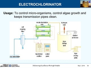 May 7, 2016 59
ELECTROCHLORINATOR
Usage: To control micro-organisms, control algae growth and
keeps transmission pipes clean.
 