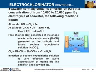 May 7, 2016 60
ELECTROCHLORINATOR CONTINUED…..
Seawater normally contains chloride ion (Cl-
) at a
concentration of from 15,000 to 20,000 ppm. By
electrolysis of seawater, the following reactions
occur:
At anode: 2Cl-
→Cl2 + 2e-
At cathode: 2H2O + 2e-
→2OH-
+ H2
2Na+
+ 2OH-
→2NaOH
Free chlorine (Cl2) generated at the anode
reacts with caustic soda (NaOH)
generated at the cathode and
forms sodium hypochlorite
solution (NaOCl).
Cl2 + 2NaOH → NaOCl + NaCl + H2O
Injection of sodium hypochlorite solution
is very effective to avoid
accumulation of marine life like
shellfish and seaweed etc.
 