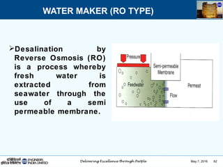 May 7, 2016 62
WATER MAKER (RO TYPE)
Desalination by
Reverse Osmosis (RO)
is a process whereby
fresh water is
extracted from
seawater through the
use of a semi
permeable membrane.
 