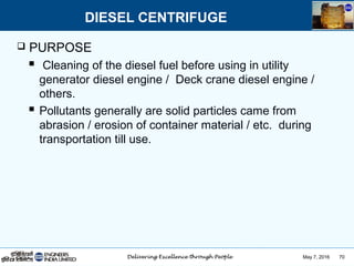 May 7, 2016 70
 PURPOSE
 Cleaning of the diesel fuel before using in utility
generator diesel engine / Deck crane diesel engine /
others.
 Pollutants generally are solid particles came from
abrasion / erosion of container material / etc. during
transportation till use.
DIESEL CENTRIFUGE
 
