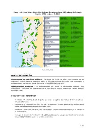 - 113 -
Figura 14.2 – Rede Natura 2000: Sítios de Importância Comunitária (SIC) e Zonas de Proteção
Especial (ZPE), em junho de 2012
Fonte: ICNF, 2012
CONCEITOS/DEFINIÇÕES
Biodiversidade ou Diversidade biológica – Variedade das formas de vida e dos processos que as
relacionam, incluindo todos os organismos vivos, as diferenças genéticas entre eles e as comunidades e
ecossistemas em que ocorrem. (Fonte: Decreto-Lei n.º 142/2008, de 24 de julho)
Desenvolvimento sustentável – O desenvolvimento que satisfaz as necessidades presentes, sem
comprometer a capacidade das gerações futuras de suprir as suas próprias necessidades. (Fonte: Relatório
Brundtland, 1987)
DOCUMENTOS DE REFERÊNCIA
 Decreto-Lei n.º 135/2012 de 29 de junho que aprova a orgânica do Instituto da Conservação da
Natureza e Florestas;
 Comunicação da Comissão [COM(2011) 244 final], de 3 de maio: “O nosso seguro de vida, o nosso capital
natural: Estratégia de Biodiversidade da UE para 2020”;
 Decreto-Lei n.º 142/2008, de 24 de julho, que estabelece o regime jurídico da conservação da natureza e
da biodiversidade;
 Resolução do Conselho de Ministros n.º 115-A/2008, de 21 de julho, que aprova o Plano Sectorial da Rede
Natura 2000 (PSRN2000) relativo ao território continental;
 