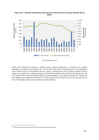 - 120 -
Figura 15.4 – Evolução da biomassa desovante e do recrutamento do carapau (Divisão IXa do
ICES)15
Fonte: IPMA/ICES, 2013
Existem duas espécies de tamboris, o tamboril branco (Lophius piscatorius) e o tamboril preto (Lophius
budegassa), que ocorrem nas Divisões VIIIc e IXa do ICES. São ambas morfologicamente muito semelhantes
mas o tamboril preto é mais abundante do que o branco, sobretudo para sul do canhão da Nazaré, sendo a
espécie mais significativa na pesca portuguesa. A biomassa de tamboril preto aumentou nos últimos anos mas
a do tamboril branco situa-se bastante abaixo do nível sustentável. A sua gestão é feita para o conjunto das
duas espécies (stocks Ibéricos de tamboril, Div. VIIIc+IXa) através da fixação anual do TAC, que para 2013 é
de 2 475 toneladas, sendo a quota portuguesa de 410 toneladas.
15
O stock de carapau da Divisão IXa do ICES corresponde ao stock Ibérico.
 