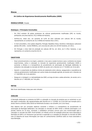 - 172 -
Riscos
24. Cultivo de Organismos Geneticamente Modificados (OGM)
MODELO DPSIR: Pressão
Destaque / Principais Conclusões
 Em 2012 existiam 28 países produtores de culturas geneticamente modificadas (GM) no mundo,
perfazendo uma área total de 170,3 milhões de hectares;
 Verificou-se, nesse ano, um aumento de 6,4% da área cultivada com culturas GM no mundo,
representando um acréscimo de 10,3 milhões de hectares face a 2011;
 A nível comunitário, cinco países (Espanha, Portugal, República Checa, Roménia e Eslováquia) cultivaram
plantas GM (milho - evento MON810), com uma área de cultivo de 129 043 hectares, em 2012;
 Em Portugal, a área total de produção de culturas GM foi, em 2012, de 9 278,1 hectares, o que
representou um acréscimo anual de 20,1%.
OBJETIVOS
 Atuar preventivamente e na origem, avaliando o risco para a saúde humana e para o ambiente de ensaios
experimentais, cultivo e colocação no mercado de organismos geneticamente modificados (OGM) e
aumentar a eficácia e a transparência do procedimento de autorização da libertação deliberada no
ambiente e da colocação no mercado de OGM, de acordo com o Decreto-Lei n.º 72/2003, de 10 de abril;
 Garantir o cumprimento da distância mínima de isolamento entre culturas, assegurando a coexistência de
culturas geneticamente modificadas com outros modos de produção agrícola, de acordo com o Decreto-Lei
n.º 160/2005, de 21 de setembro;
 Assegurar a rotulagem e a rastreabilidade dos OGM, ao longo de toda a cadeia alimentar, de acordo com o
Decreto-Lei n.º 168/2004, de 7 de julho.
METAS
Não foram identificadas metas para este indicador.
ANÁLISE
A libertação deliberada no ambiente de OGM e a colocação no mercado de produtos que os contenham ou por
eles sejam constituídos, são regulamentadas pelo Decreto-Lei n.º 72/2003, de 10 de abril que transpôs para o
direito interno a Diretiva 2001/18/CE do Parlamento Europeu e do Conselho, de 12 de março.
Este diploma tem por principais objetivos aumentar a eficácia e a transparência do procedimento de
autorização da libertação deliberada e da colocação no mercado de OGM, limitar a referida autorização a um
período máximo de 10 anos, renovável, e estabelecer princípios comuns para uma monitorização após a
colocação no mercado dos OGM. Prevê também um método comum de avaliação prévia dos riscos associados à
libertação de OGM e um mecanismo que permita a suspensão ou a cessação da colocação no mercado de OGM,
caso se disponha de novas informações com base em conhecimentos científicos sobre os riscos associados a
essa libertação.
 