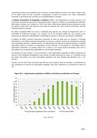 - 186 -
responsável perante as comunidades onde se inserem, as organizações promovem uma melhor imagem junto
de um público cada vez mais consciente e predisposto a investir em produtos com melhor desempenho
ambiental, o que lhes permite aumentar sua a competitividade no mercado.
O Sistema Comunitário de Ecogestão e Auditoria (EMAS - Eco-Management and Audit Scheme) é um
instrumento de gestão que permite às organizações avaliar, reportar e melhorar o seu desempenho ambiental.
Este sistema começou a ser utilizado em 1995, mas estava então apenas disponível para empresas do sector
da indústria. Desde 2001 está disponível para todas as empresas dos vários sectores económicos, incluindo
entidades públicas e privadas.
Em 2009 a legislação EMAS foi revista e modificada pela segunda vez, através do Regulamento (CE) n.º
1221/2009 do Parlamento Europeu e do Conselho, de 25 de novembro (EMAS III), que introduz novos
elementos que melhoram a aplicabilidade e credibilidade do sistema e reforçam o seu alcance e visibilidade.
O objetivo do EMAS, enquanto instrumento importante do Plano de Ação para um Consumo e Produção
Sustentáveis e uma Política Industrial Sustentável, é promover a melhoria contínua do desempenho ambiental
das organizações mediante o estabelecimento e a implementação de sistemas de gestão ambiental, a avaliação
sistemática, objetiva e periódica do desempenho de tais sistemas, a comunicação de informações sobre o
desempenho ambiental e um diálogo aberto com o público e com outras partes interessadas, bem como a
participação ativa do pessoal das organizações e a sua formação adequada.
Em setembro de 2012 existiam, a nível comunitário, 4 503 organizações registadas no EMAS, perfazendo um
total de 8 186 instalações abrangidas por este sistema. Portugal encontrava-se, então, na 7ª posição na lista
dos países comunitários com mais organizações registadas, lista essa liderada pela Alemanha com 1 317
registos.
Durante o ano de 2012 foram atribuídos pela APA dois novos registos, tendo-se verificado o cancelamento de
oito, perfazendo um total de 62 organizações registadas. Este valor representou um decréscimo de perto de
9%.
Figura 26.1 – Organizações registadas no EMAS e verificadores acreditados em Portugal
Fonte: APA, 2013
0
1
2
3
4
5
6
7
0
10
20
30
40
50
60
70
80
90
Verificadoresacreditados(n.º)
Organizaçõesregistadas(n.º)
Organizações registadas (Valor cumulativo) Verificadores EMAS
 