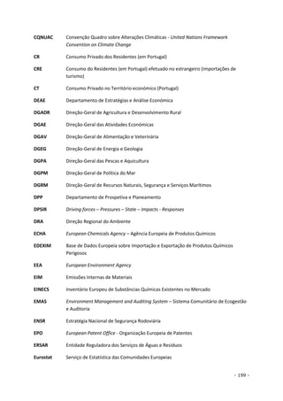 - 199 -
CQNUAC Convenção Quadro sobre Alterações Climáticas - United Nations Framework
Convention on Climate Change
CR Consumo Privado dos Residentes (em Portugal)
CRE Consumo do Residentes (em Portugal) efetuado no estrangeiro (importações de
turismo)
CT Consumo Privado no Território económico (Portugal)
DEAE Departamento de Estratégias e Análise Económica
DGADR Direção-Geral de Agricultura e Desenvolvimento Rural
DGAE Direção-Geral das Atividades Económicas
DGAV Direção-Geral de Alimentação e Veterinária
DGEG Direção-Geral de Energia e Geologia
DGPA Direção-Geral das Pescas e Aquicultura
DGPM Direção-Geral de Política do Mar
DGRM Direção-Geral de Recursos Naturais, Segurança e Serviços Marítimos
DPP Departamento de Prospetiva e Planeamento
DPSIR Driving forces – Pressures – State – Impacts - Responses
DRA Direção Regional do Ambiente
ECHA European Chemicals Agency – Agência Europeia de Produtos Químicos
EDEXIM Base de Dados Europeia sobre Importação e Exportação de Produtos Químicos
Perigosos
EEA European Environment Agency
EIM Emissões Internas de Materiais
EINECS Inventário Europeu de Substâncias Químicas Existentes no Mercado
EMAS Environment Management and Auditing System – Sistema Comunitário de Ecogestão
e Auditoria
ENSR Estratégia Nacional de Segurança Rodoviária
EPO European Patent Office - Organização Europeia de Patentes
ERSAR Entidade Reguladora dos Serviços de Águas e Resíduos
Eurostat Serviço de Estatística das Comunidades Europeias
 