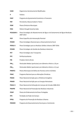 - 202 -
OGM Organismos Geneticamente Modificados
P Fósforo
PAEF Programa de Ajustamento Económico e Financeiro
PBT Persistente, Bioacumulável e Tóxico
PDM Planos Diretores Municipais
PDSI Palmer Drought Severity Index
PEAASAR II Plano Estratégico de Abastecimento de Água e de Saneamento de Águas Residuais
2007-2013
PEIF Plano Específico de Intervenção Florestal
PENDR Plano Estratégico Nacional para o Desenvolvimento Rural
PERSU II Plano Estratégico para os Resíduos Sólidos Urbanos 2007-2016
PESGRI Plano Estratégico de Gestão dos Resíduos Industriais
PET Plano Estratégico dos Transportes
PFC Perfluorocarbonos
PIB Produto Interno Bruto
PM10 Particulate Matter (partículas) com diâmetro inferior a 10 μm
PM2,5 Particulate Matter (partículas) com diâmetro inferior a 2,5 μm
PMDFCI Planos Municipais de Defesa da Floresta contra Incêndios
PNAC Programa Nacional para as Alterações Climáticas
PNAEE Plano Nacional de Ação para a Eficiência Energética
PNAER Plano Nacional de Ação para as Energias Renováveis
PNALE II Plano Nacional de Atribuição de Licenças de Emissão 2008-2012
PNAPRI Plano Nacional de Prevenção dos Resíduos Industriais
POAP Planos de Ordenamento de Áreas Protegidas
PPC Paridades de Poder de Compra
PPRU Programa de Prevenção de Resíduos Urbanos
PRODER Programa de Desenvolvimento Rural para o Continente
 