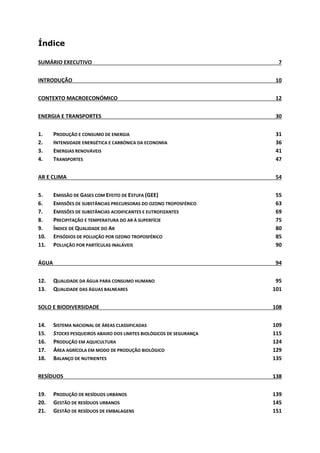 Índice
SUMÁRIO EXECUTIVO 7
INTRODUÇÃO 10
CONTEXTO MACROECONÓMICO 12
ENERGIA E TRANSPORTES 30
1. PRODUÇÃO E CONSUMO DE ENERGIA 31
2. INTENSIDADE ENERGÉTICA E CARBÓNICA DA ECONOMIA 36
3. ENERGIAS RENOVÁVEIS 41
4. TRANSPORTES 47
AR E CLIMA 54
5. EMISSÃO DE GASES COM EFEITO DE ESTUFA (GEE) 55
6. EMISSÕES DE SUBSTÂNCIAS PRECURSORAS DO OZONO TROPOSFÉRICO 63
7. EMISSÕES DE SUBSTÂNCIAS ACIDIFICANTES E EUTROFIZANTES 69
8. PRECIPITAÇÃO E TEMPERATURA DO AR À SUPERFÍCIE 75
9. ÍNDICE DE QUALIDADE DO AR 80
10. EPISÓDIOS DE POLUIÇÃO POR OZONO TROPOSFÉRICO 85
11. POLUIÇÃO POR PARTÍCULAS INALÁVEIS 90
ÁGUA 94
12. QUALIDADE DA ÁGUA PARA CONSUMO HUMANO 95
13. QUALIDADE DAS ÁGUAS BALNEARES 101
SOLO E BIODIVERSIDADE 108
14. SISTEMA NACIONAL DE ÁREAS CLASSIFICADAS 109
15. STOCKS PESQUEIROS ABAIXO DOS LIMITES BIOLÓGICOS DE SEGURANÇA 115
16. PRODUÇÃO EM AQUICULTURA 124
17. ÁREA AGRÍCOLA EM MODO DE PRODUÇÃO BIOLÓGICO 129
18. BALANÇO DE NUTRIENTES 135
RESÍDUOS 138
19. PRODUÇÃO DE RESÍDUOS URBANOS 139
20. GESTÃO DE RESÍDUOS URBANOS 145
21. GESTÃO DE RESÍDUOS DE EMBALAGENS 151
 