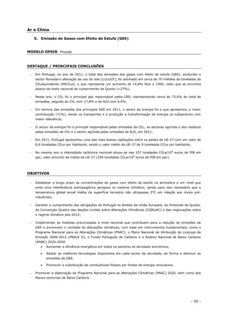 - 55 -
Ar e Clima
5. Emissão de Gases com Efeito de Estufa (GEE)
MODELO DPSIR: Pressão
DESTAQUE / PRINCIPAIS CONCLUSÕES
 Em Portugal, no ano de 2011, o total das emissões dos gases com efeito de estufa (GEE), excluindo o
sector florestal e alteração de uso do solo (LULUCF), foi estimado em cerca de 70 milhões de toneladas de
CO2equivalente (MtCO2e), o que representa um aumento de 14,8% face a 1990, valor que se encontra
abaixo da meta nacional de cumprimento de Quioto (+27%);
 Nesse ano, o CO2 foi o principal gás responsável pelos GEE, representando cerca de 73,6% do total de
emissões, seguido do CH4 com 17,8% e do N2O com 6,4%;
 Em termos das emissões dos principais GEE em 2011, o sector da energia foi o que apresentou a maior
contribuição (71%), sendo os transportes e a produção e transformação de energia os subsectores com
maior relevância;
 O sector da energia foi o principal responsável pelas emissões de CO2, os sectores agrícola e dos resíduos
pelas emissões de CH4 e o sector agrícola pelas emissões de N2O, em 2011;
 Em 2011, Portugal apresentou uma das mais baixas capitações entre os países da UE-27 com um valor de
6,6 toneladas CO2e por habitante, sendo o valor médio da UE-27 de 9 toneladas CO2e por habitante;
 No mesmo ano a intensidade carbónica nacional situou-se nas 337 toneladas CO2e/106
euros de PIB em
ppc, valor próximo da média da UE-27 (359 toneladas CO2e/106
euros de PIB em ppc).
OBJETIVOS
 Estabilizar a longo prazo as concentrações de gases com efeito de estufa na atmosfera a um nível que
evite uma interferência antropogénica perigosa no sistema climático, sendo para isso necessário que a
temperatura global anual média da superfície terrestre não ultrapasse 2°C em relação aos níveis pré-
industriais;
 Garantir o cumprimento das obrigações de Portugal no âmbito da União Europeia, do Protocolo de Quioto,
da Convenção Quadro das Nações Unidas sobre Alterações Climáticas (CQNUAC) e das negociações sobre
o regime climático pós-2012;
 Implementar as medidas preconizadas a nível nacional que contribuem para a redução de emissões de
GEE e promovem o combate às alterações climáticas, com base em instrumentos fundamentais, como o
Programa Nacional para as Alterações Climáticas (PNAC), o Plano Nacional de Atribuição de Licenças de
Emissão 2008-2012 (PNALE II), o Fundo Português de Carbono e o Roteiro Nacional de Baixo Carbono
(RNBC) 2020-2050:
 Aumentar a eficiência energética em todos os sectores de atividade económica;
 Adotar as melhores tecnologias disponíveis em cada sector de atividade, de forma a diminuir as
emissões de GEE;
 Promover a substituição de combustíveis fósseis por fontes de energia renováveis.
 Promover a elaboração do Programa Nacional para as Alterações Climáticas (PNAC) 2020, bem como dos
Planos sectoriais de Baixo Carbono.
 