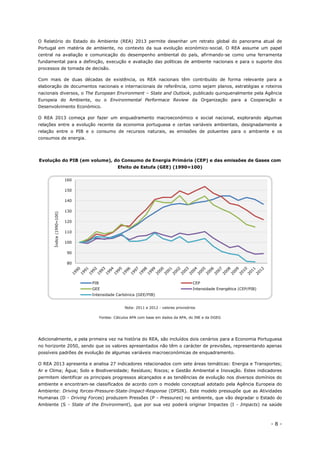 - 8 -
O Relatório do Estado do Ambiente (REA) 2013 permite desenhar um retrato global do panorama atual de
Portugal em matéria de ambiente, no contexto da sua evolução económico-social. O REA assume um papel
central na avaliação e comunicação do desempenho ambiental do país, afirmando-se como uma ferramenta
fundamental para a definição, execução e avaliação das políticas de ambiente nacionais e para o suporte dos
processos de tomada de decisão.
Com mais de duas décadas de existência, os REA nacionais têm contribuído de forma relevante para a
elaboração de documentos nacionais e internacionais de referência, como sejam planos, estratégias e roteiros
nacionais diversos, o The European Environment – State and Outlook, publicado quinquenalmente pela Agência
Europeia do Ambiente, ou o Environmental Performace Review da Organização para a Cooperação e
Desenvolvimento Económico.
O REA 2013 começa por fazer um enquadramento macroeconómico e social nacional, explorando algumas
relações entre a evolução recente da economia portuguesa e certas variáveis ambientais, designadamente a
relação entre o PIB e o consumo de recursos naturais, as emissões de poluentes para o ambiente e os
consumos de energia.
Evolução do PIB (em volume), do Consumo de Energia Primária (CEP) e das emissões de Gases com
Efeito de Estufa (GEE) (1990=100)
Nota: 2011 e 2012 - valores provisórios
Fontes: Cálculos APA com base em dados da APA, do INE e da DGEG
Adicionalmente, e pela primeira vez na história do REA, são incluídos dois cenários para a Economia Portuguesa
no horizonte 2050, sendo que os valores apresentados não têm o carácter de previsões, representando apenas
possíveis padrões de evolução de algumas variáveis macroeconómicas de enquadramento.
O REA 2013 apresenta e analisa 27 indicadores relacionados com sete áreas temáticas: Energia e Transportes;
Ar e Clima; Água; Solo e Biodiversidade; Resíduos; Riscos; e Gestão Ambiental e Inovação. Estes indicadores
permitem identificar os principais progressos alcançados e as tendências de evolução nos diversos domínios do
ambiente e encontram-se classificados de acordo com o modelo conceptual adotado pela Agência Europeia do
Ambiente: Driving forces-Pressure-State-Impact-Response (DPSIR). Este modelo pressupõe que as Atividades
Humanas (D - Driving Forces) produzem Pressões (P - Pressures) no ambiente, que vão degradar o Estado do
Ambiente (S - State of the Environment), que por sua vez poderá originar Impactes (I - Impacts) na saúde
80
90
100
110
120
130
140
150
160
Índice(1990=100)
PIB CEP
GEE Intensidade Energética (CEP/PIB)
Intensidade Carbónica (GEE/PIB)
 