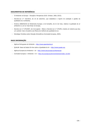 - 84 -
DOCUMENTOS DE REFERÊNCIA
– O Ambiente na Europa – Situação e Perspetivas 2010: Síntese. (AEA, 2010);
– Decreto-Lei n.º 102/2010, de 23 de setembro, que estabelece o regime de avaliação e gestão da
qualidade do ar ambiente;
– Diretiva 2008/50/CE do Parlamento Europeu e do Conselho, de 21 de maio, relativa à qualidade do ar
ambiente e a um ar mais limpo na Europa;
– Decreto-Lei n.º 279/2007, de 6 de agosto - Altera o Decreto-Lei n.º 276/99, criando um sistema que deu
um carácter mais vinculativo aos Planos de melhoria da qualidade do ar;
– Estratégia Temática sobre Poluição Atmosférica (Comissão Europeia, 2005).
MAIS INFORMAÇÃO
 Agência Portuguesa do Ambiente – http://www.apambiente.pt
 QUALAR: Base de Dados On-line sobre a Qualidade do Ar – http://www.qualar.org
 Agência Europeia do Ambiente > Ar – http://www.eea.europa.eu/themes/air
 Comissão Europeia > Ambiente > Ar – http://ec.europa.eu/environment/air/index_en.htm
 