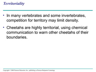 Copyright © 2008 Pearson Education, Inc., publishing as Pearson Benjamin Cummings
Territoriality
• In many vertebrates and some invertebrates,
competition for territory may limit density.
• Cheetahs are highly territorial, using chemical
communication to warn other cheetahs of their
boundaries.
 