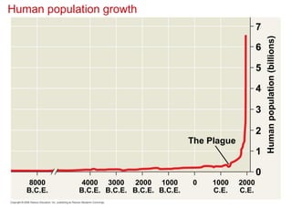 Human population growth
8000
B.C.E.
4000
B.C.E.
3000
B.C.E.
2000
B.C.E.
1000
B.C.E.
0 1000
C.E.
2000
C.E.
0
1
2
3
4
5
6
The Plague
Human
population
(billions)
7
 
