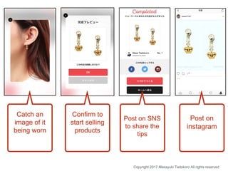 Catch an
image of it
being worn
Confirm to
start selling
products
Post on SNS
to share the
tips
Post on
instagram
Copyrigh...