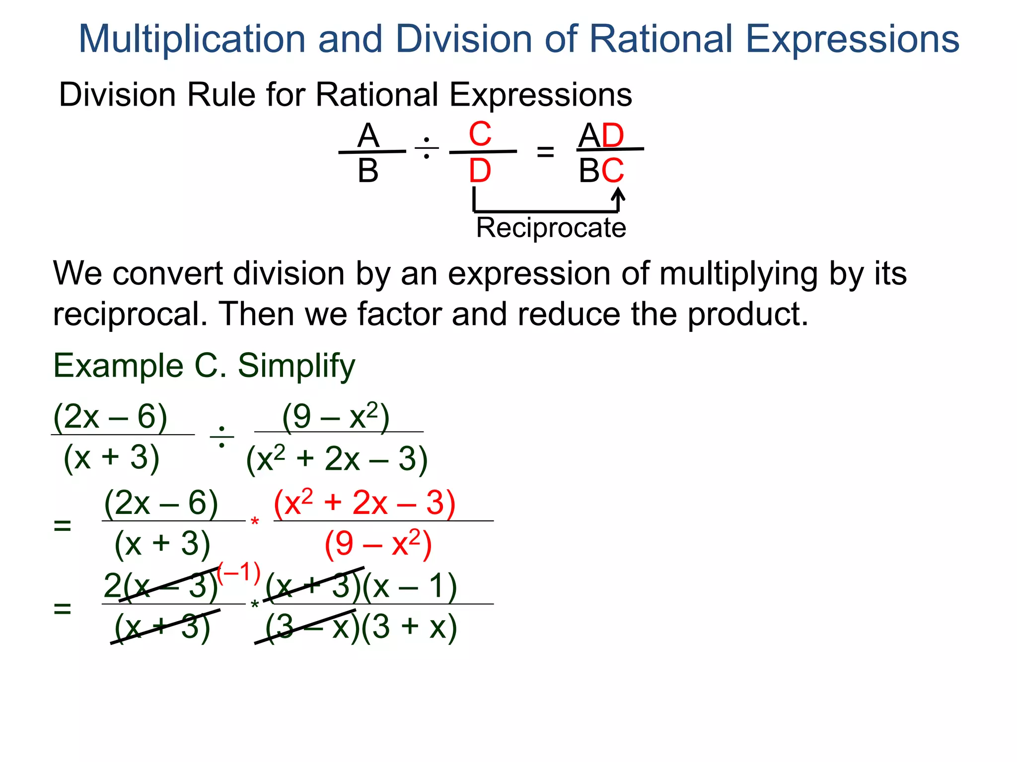 Division Rule for Rational Expressions
Multiplication and Division of Rational Expressions
A
B
C
D
÷ =
AD
BC
Reciprocate
(2x – 6)
(x + 3)
÷
(x2 + 2x – 3)
(9 – x2)
=
(2x – 6)
(x + 3)
(x2 + 2x – 3)
(9 – x2)
*
=
2(x – 3)
(x + 3)
(x + 3)(x – 1)
(3 – x)(3 + x)
*
(–1)
Example C. Simplify
We convert division by an expression of multiplying by its
reciprocal. Then we factor and reduce the product.
 
