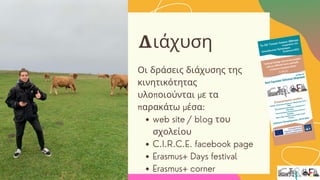 web site / blog του
σχολείου
C.I.R.C.E. facebook page
Erasmus+ Days festival
Erasmus+ corner
Οι δράσεις διάχυσης της
κινητικότητας
υλοποιούνται με τα
παρακάτω μέσα:
Διάχυση
 