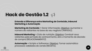 Hack de Gestão 1.2
28
● Entenda a Diferença entre Marketing de Conteúdo, Inbound
Marketing e Automação
Marketing de Conteúdo = Gerar informação. Objetivo: aumentar o
número de visitantes na base do seu negócio (TRÁFEGO).
Inbound Marketing = Ciclo de nutrição. Objetivo: Conduzir seus
visitantes pela jornada de conhecimento, até o momento de decisão
de compra (RELACIONAMENTO).
Automação = Scripts e Softwares. Objetivo: Tornar automático
processos validados de venda (RECEITA).
 