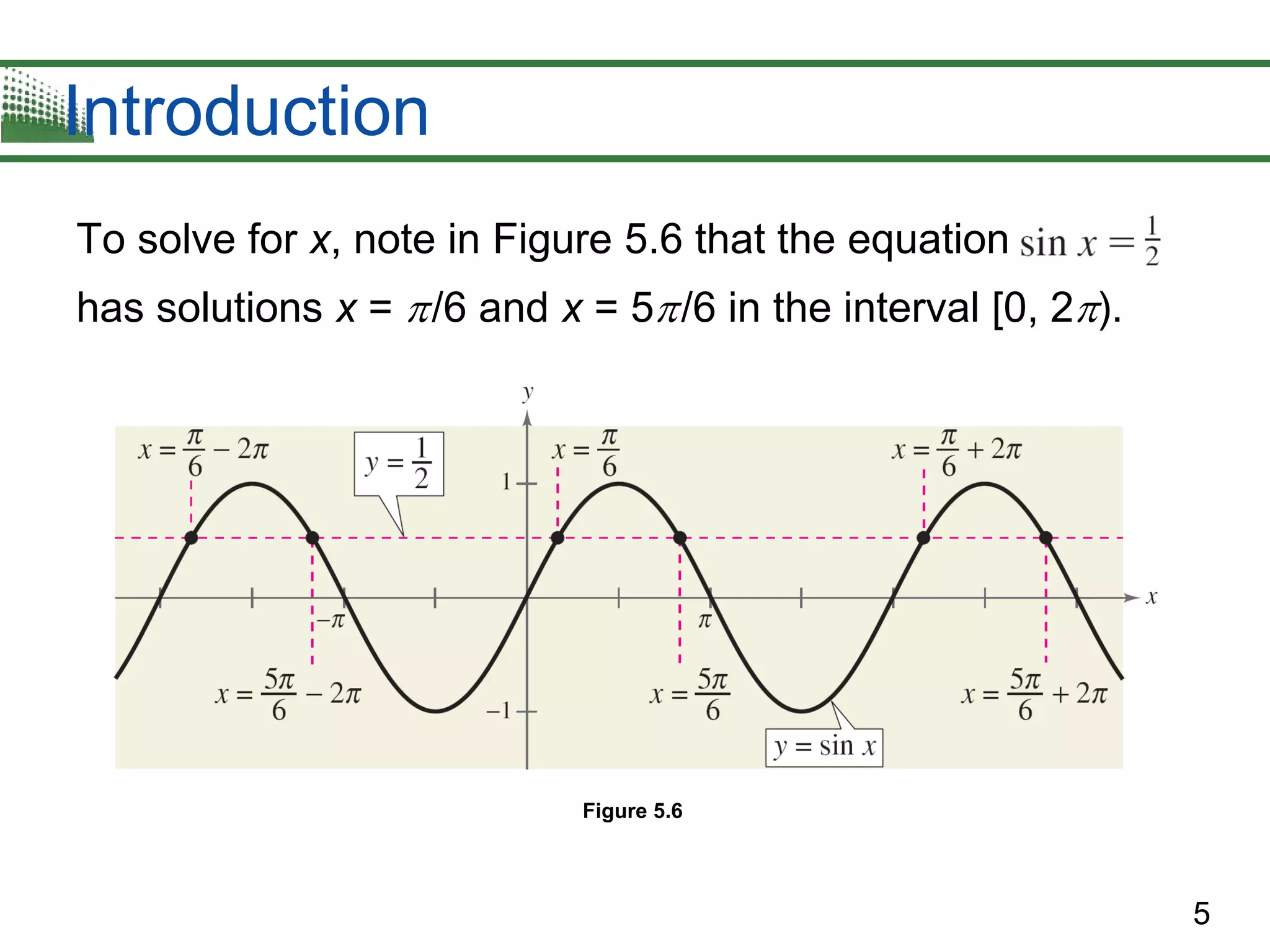 5
Introduction
To solve for x, note in Figure 5.6 that the equation
has solutions x = /6 and x = 5/6 in the interval [0, 2).
Figure 5.6
 