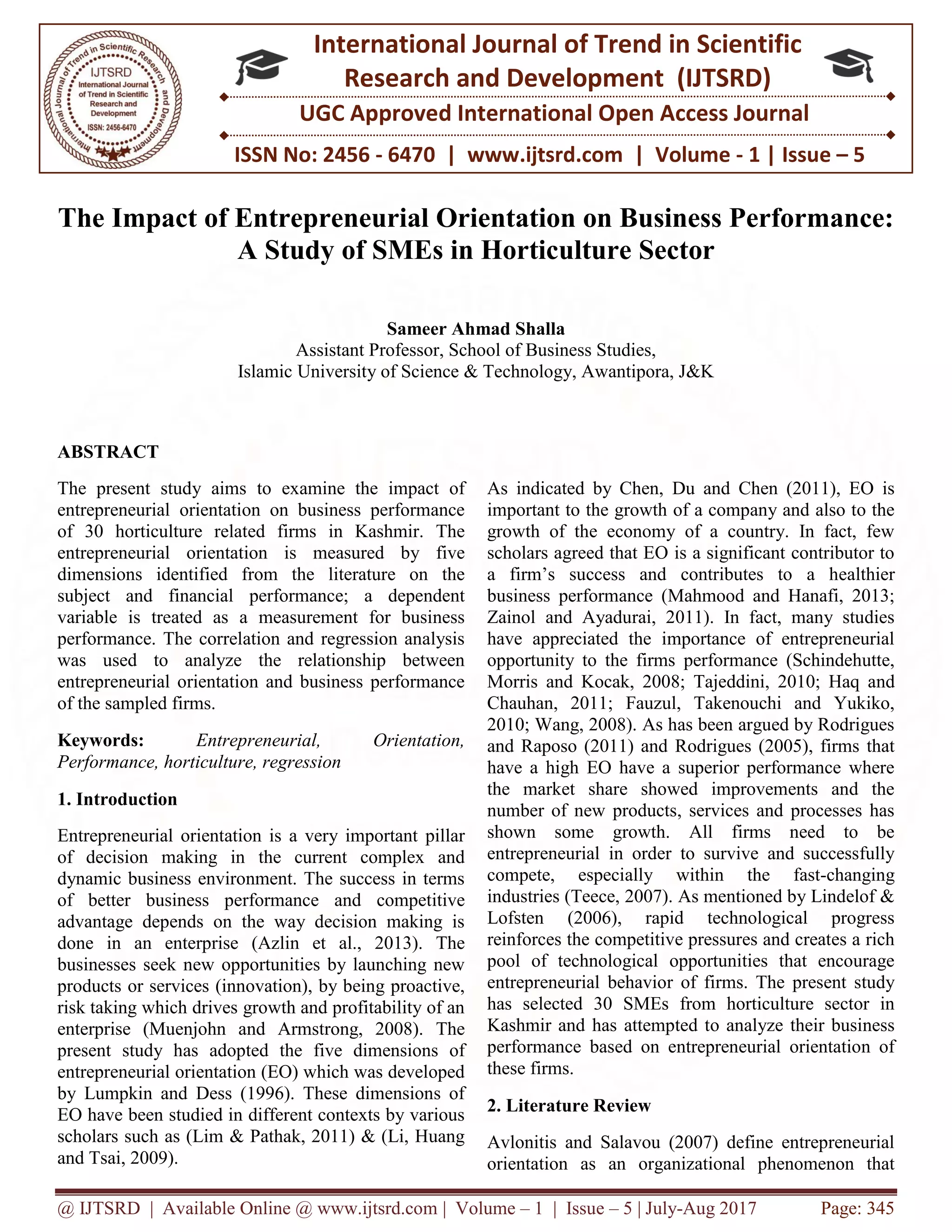 The Impact of Entrepreneurial Orientation on Business Performance: A ...