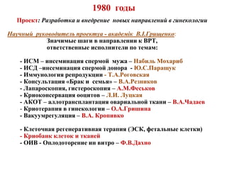 1980 годы
Проект: Разработка и внедрение новых направлений в гинекологии
Научный руководитель проектуа - академік В.І.Грищенко:
Значимые шаги в направлении к ВРТ,
ответственные исполнители по темам:
- ИСМ – инсеминация спермой мужа – Набиль Мохариб
- ИСД –инсеминация спермой донора - Ю.С.Паращук
- Иммунология репродукции - Т.А.Роговская
- Консультация «Брак и семья» – В.А.Резников
- Лапароскопия, гистероскопия – А.М.Феськов
- Криоконсервация ооцитов – Л.И. Луцкая
- АКОТ – аллотрансплантация овариальной ткани – В.А.Чадаев
- Криотерапия в гинекологии – О.А.Гришина
- Вакуумрегуляция – В.А. Кропивко
- Клеточная регенеративная терапия (ЭСК, фетальные клетки)
- Криобанк клеток и тканей
- ОИВ - Оплодоторение ин витро – Ф.В.Дахно
 