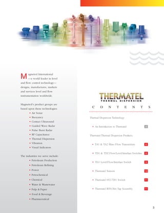 3
agnetrol International
—a world leader in level
and flow control technology—
designs, manufactures, markets
and services level and flow
instrumentation worldwide.
Magnetrol’s product groups are
based upon these technologies:
• Air Sonar
• Buoyancy
• Contact Ultrasound
• Guided Wave Radar
• Pulse Burst Radar
• RF Capacitance
• Thermal Dispersion
• Vibration
• Visual Indicators
The industries we serve include:
• Petroleum Production
• Petroleum Refining
• Power
• Petrochemical
• Chemical
• Water & Wastewater
• Pulp & Paper
• Food & Beverage
• Pharmaceutical
M
C O N T E N T S
Thermal Dispersion Technology
• An Introduction to Thermatel
Thermatel Thermal Dispersion Products:
• TA1 & TA2 Mass Flow Transmitters
• TD1 & TD2 Flow/Level/Interface Switches
• TG1 Level/Flow/Interface Switch
• Thermatel Sensors
• Thermatel 052-7201 Switch
• Thermatel RPA Hot Tap Assembly
6
8
9
10
11
11
4
 