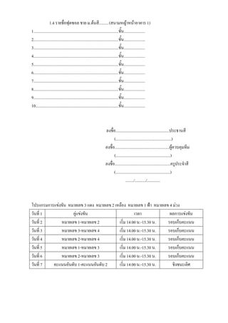 1.4 รายชื่อฟุตซอล ชาย ม.ต้นสี......... (สนามหญ้าหน้าอาคาร 1)
1....................................................................................ชั้น.....................
2....................................................................................ชั้น.....................
3....................................................................................ชั้น.....................
4....................................................................................ชั้น.....................
5....................................................................................ชั้น.....................
6....................................................................................ชั้น.....................
7....................................................................................ชั้น.....................
8....................................................................................ชั้น.....................
9....................................................................................ชั้น.....................
10..................................................................................ชั้น.....................



                                                                    ลงชื่อ.....................................................ประธานสี
                                                                          (.......................................................)
                                                                    ลงชื่อ......................................................ผู้ควบคุมทีม
                                                                          (......................................................)
                                                                    ลงชื่อ.......................................................ครูประจาสี
                                                                          (......................................................)
                                                                                     ......../.........../.............



โปรแกรมการแข่งขัน หมายเลข 3 แดง หมายเลข 2 เหลือง หมายเลข 1 ฟ้า หมายเลข 4 ม่วง
วันที่ 1            คู่แข่งขัน                        เวลา             ผลการแข่งขัน
วันที่ 2      หมายเลข 1-หมายเลข 2           เริ่ม 14.00 น.-15.30 น.   รอบเก็บคะแนน
วันที่ 3      หมายเลข 3-หมายเลข 4           เริ่ม 14.00 น.-15.30 น.   รอบเก็บคะแนน
วันที่ 4      หมายเลข 2-หมายเลข 4           เริ่ม 14.00 น.-15.30 น.   รอบเก็บคะแนน
วันที่ 5      หมายเลข 1-หมายเลข 3           เริ่ม 14.00 น.-15.30 น.   รอบเก็บคะแนน
วันที่ 6      หมายเลข 2-หมายเลข 3           เริ่ม 14.00 น.-15.30 น.   รอบเก็บคะแนน
วันที่ 7  คะแนนอันดับ 1-คะแนนอันดับ 2       เริ่ม 14.00 น.-15.30 น.     ชิงชนะเลิศ
 