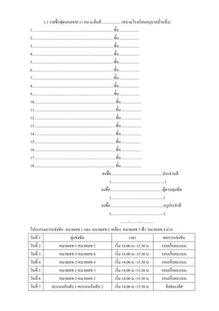 1.1 รายชื่อฟุตบอลชาย 11 คน ม.ต้นสี.................... (สนามโรงเรียนอนุบาลบ้านบึง)
1....................................................................................ชั้น.....................
2....................................................................................ชั้น.....................
3....................................................................................ชั้น.....................
4....................................................................................ชั้น.....................
5....................................................................................ชั้น.....................
6....................................................................................ชั้น.....................
7....................................................................................ชั้น.....................
8....................................................................................ชั้น.....................
9....................................................................................ชั้น.....................
10....................................................................................ชั้น.....................
11....................................................................................ชั้น.....................
12....................................................................................ชั้น.....................
13....................................................................................ชั้น.....................
14....................................................................................ชั้น.....................
15....................................................................................ชั้น.....................
16....................................................................................ชั้น.....................
17....................................................................................ชั้น.....................
18....................................................................................ชั้น.....................
                                                                         ลงชื่อ.....................................................ประธานสี
                                                                                 (.......................................................)
                                                                        ลงชื่อ......................................................ผู้ควบคุมทีม
                                                                                 (......................................................)
                                                                        ลงชื่อ.......................................................ครูประจาสี
                                                                                 (......................................................)
                                                                                            ......../.........../.............
โปรแกรมการแข่งขัน หมายเลข 1 แดง หมายเลข 2 เหลือง หมายเลข 3 ฟ้า หมายเลข 4 ม่วง
วันที่ 1                                คู่แข่งขัน                                                  เวลา                                ผลการแข่งขัน
วันที่ 2                     หมายเลข 1-หมายเลข 2                                      เริ่ม 14.00 น.-15.30 น.                         รอบเก็บคะแนน
วันที่ 3                     หมายเลข 3-หมายเลข 4                                      เริ่ม 14.00 น.-15.30 น.                         รอบเก็บคะแนน
วันที่ 4                     หมายเลข 2-หมายเลข 4                                      เริ่ม 14.00 น.-15.30 น.                         รอบเก็บคะแนน
วันที่ 5                     หมายเลข 1-หมายเลข 3                                      เริ่ม 14.00 น.-15.30 น.                         รอบเก็บคะแนน
วันที่ 6                     หมายเลข 2-หมายเลข 3                                      เริ่ม 14.00 น.-15.30 น.                         รอบเก็บคะแนน
วันที่ 7             คะแนนอันดับ 1-คะแนนอันดับ 2                                      เริ่ม 14.00 น.-15.30 น.                             ชิงชนะเลิศ
 