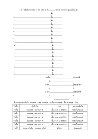 1.2 รายชื่อฟุตบอลชาย 11 คน ม.ปลาย สี................. (สนามโรงเรียนอนุบาลบ้านบึง)
1....................................................................................ชั้น.....................
2....................................................................................ชั้น.....................
3....................................................................................ชั้น.....................
4....................................................................................ชั้น.....................
5....................................................................................ชั้น.....................
6....................................................................................ชั้น.....................
7....................................................................................ชั้น.....................
8....................................................................................ชั้น.....................
9....................................................................................ชั้น.....................
10....................................................................................ชั้น.....................
11....................................................................................ชั้น.....................
12....................................................................................ชั้น.....................
13....................................................................................ชั้น.....................
14....................................................................................ชั้น.....................
15....................................................................................ชั้น.....................
16....................................................................................ชั้น.....................
17....................................................................................ชั้น.....................
18....................................................................................ชั้น.....................
                                                                         ลงชื่อ.....................................................ประธานสี
                                                                                 (.......................................................)
                                                                        ลงชื่อ......................................................ผู้ควบคุมทีม
                                                                                 (......................................................)
                                                                        ลงชื่อ.......................................................ครูประจาสี
                                                                                 (......................................................)
                                                                                            ......../.........../.............
 โปรแกรมการแข่งขัน หมายเลข 4 แดง หมายเลข 3 เหลือง หมายเลข 2 ฟ้า หมายเลข 1 ม่วง
วันที่ 1                                คู่แข่งขัน                                                  เวลา                                ผลการแข่งขัน
วันที่ 2                     หมายเลข 1-หมายเลข 2                                      เริ่ม 14.00 น.-15.30 น.                         รอบเก็บคะแนน
วันที่ 3                     หมายเลข 3-หมายเลข 4                                      เริ่ม 14.00 น.-15.30 น.                         รอบเก็บคะแนน
วันที่ 4                     หมายเลข 2-หมายเลข 4                                      เริ่ม 14.00 น.-15.30 น.                         รอบเก็บคะแนน
วันที่ 5                     หมายเลข 1-หมายเลข 3                                      เริ่ม 14.00 น.-15.30 น.                         รอบเก็บคะแนน
วันที่ 6                     หมายเลข 2-หมายเลข 3                                      เริ่ม 14.00 น.-15.30 น.                         รอบเก็บคะแนน
วันที่ 7             คะแนนอันดับ 1-คะแนนอันดับ 2                                                   พิธีปิด                                ชิงชนะเลิศ
 