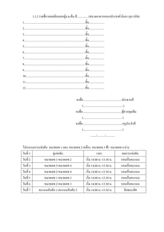 1.3.2 รายชื่อวอลเล่ย์บอลหญิง ม.ต้น สี............... (สนามอาคารอเนกประสงค์ มังกร กุลวานิช)
1....................................................................................ชั้น.....................
2....................................................................................ชั้น.....................
3....................................................................................ชั้น.....................
4....................................................................................ชั้น.....................
5....................................................................................ชั้น.....................
6....................................................................................ชั้น.....................
7....................................................................................ชั้น.....................
8....................................................................................ชั้น.....................
9....................................................................................ชั้น.....................
10..................................................................................ชั้น.....................
11..................................................................................ชั้น.....................
12..................................................................................ชั้น.....................

                                                  ลงชื่อ.....................................................ประธานสี
                                                        (.......................................................)
                                                  ลงชื่อ......................................................ผู้ควบคุมทีม
                                                        (......................................................)
                                                  ลงชื่อ.......................................................ครูประจาสี
                                                        (......................................................)
                                                                   ......../.........../.............

โปรแกรมการแข่งขัน หมายเลข 1 แดง หมายเลข 2 เหลือง หมายเลข 3 ฟ้า หมายเลข 4 ม่วง
วันที่ 1            คู่แข่งขัน                        เวลา             ผลการแข่งขัน
วันที่ 2      หมายเลข 1-หมายเลข 2           เริ่ม 14.00 น.-15.30 น.   รอบเก็บคะแนน
วันที่ 3      หมายเลข 3-หมายเลข 4           เริ่ม 14.00 น.-15.30 น.   รอบเก็บคะแนน
วันที่ 4      หมายเลข 2-หมายเลข 4           เริ่ม 14.00 น.-15.30 น.   รอบเก็บคะแนน
วันที่ 5      หมายเลข 1-หมายเลข 3           เริ่ม 14.00 น.-15.30 น.   รอบเก็บคะแนน
วันที่ 6      หมายเลข 2-หมายเลข 3           เริ่ม 14.00 น.-15.30 น.   รอบเก็บคะแนน
วันที่ 7  คะแนนอันดับ 1-คะแนนอันดับ 2       เริ่ม 14.00 น.-15.30 น.     ชิงชนะเลิศ
 