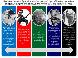 Λίγο μετά τα Δεκεμβριανά υπογράφτηκε από την κυβέρνηση και το ΕΑΜ
συμφωνία ειρήνης στη Βάρκιζα της Αττικής (12 Φεβρουαρίου 1945).
Αμνηστία για
ορισμένα από
τα αδικήματα
που
διαπράχθηκαν
κατά τα
Δεκεμβριανά.
Προβλεπόταν
ότι ο ΕΛΑΣ θα
διαλυόταν, θα
οργανωνόταν
νέος εθνικός
στρατός.
Θα
διασφαλίζονταν
οι ελευθερίες
των πολιτών.
Θα γινόταν
δημοψήφισμα
για να
αποφασίσει ο
λαός αν θα
επιστρέψει ή
όχι ο βασιλιάς.
Απομάκρυνση
από τις κρατικές
υπηρεσίες όσων
συνεργάστηκαν
με τη μεταξική
δικτατορία και
τους
κατακτητές.
 